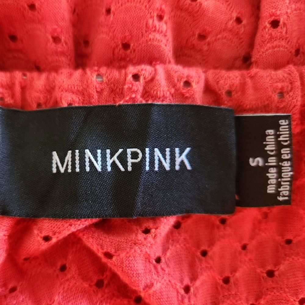 MINKPINK Laurel Tomato Red Eyelet Sleeveless V-neck Tie Front Mini Dress Size SM - Picture 13 of 16